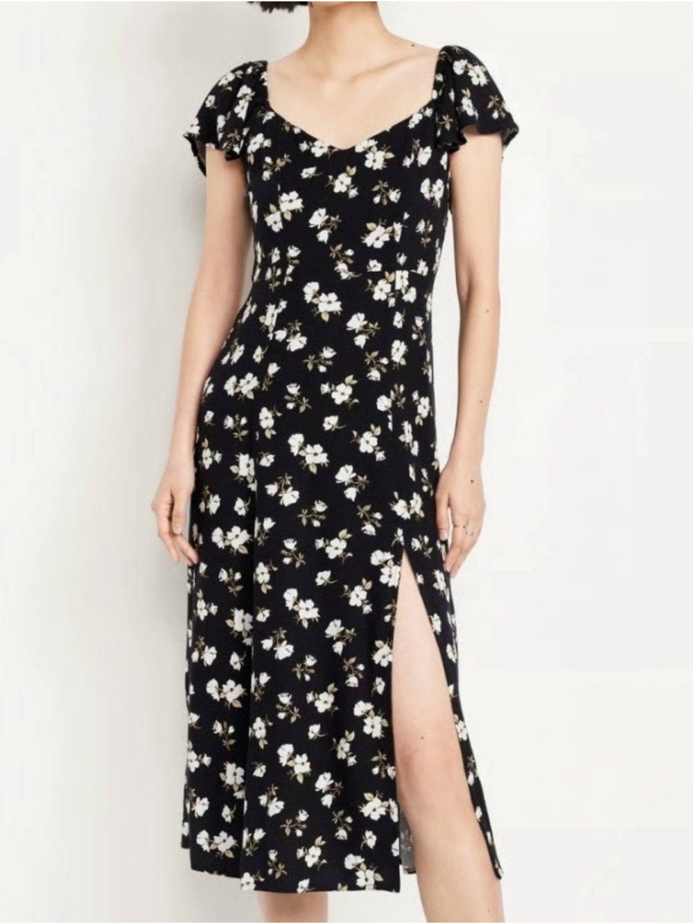 Old Navy Black Floral Midi Dress with Side Slit